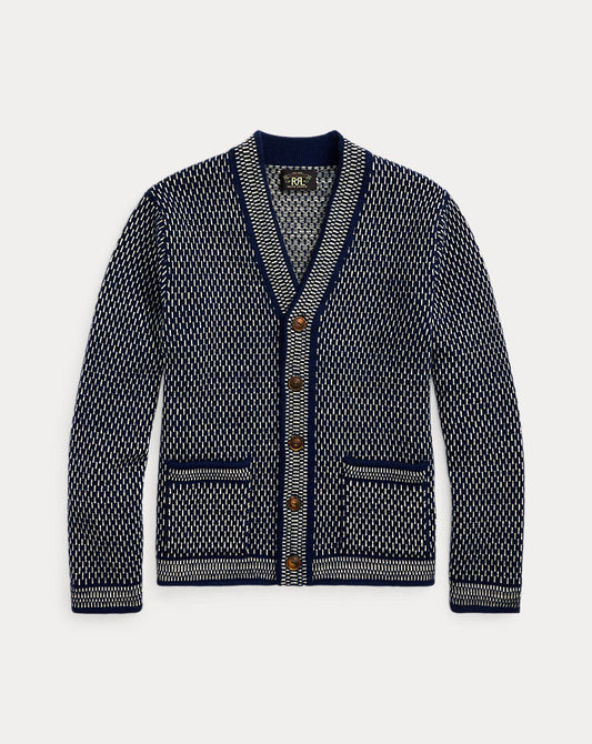 Indigo Cotton-Wool V-Neck Cardigan Navy/Cream
